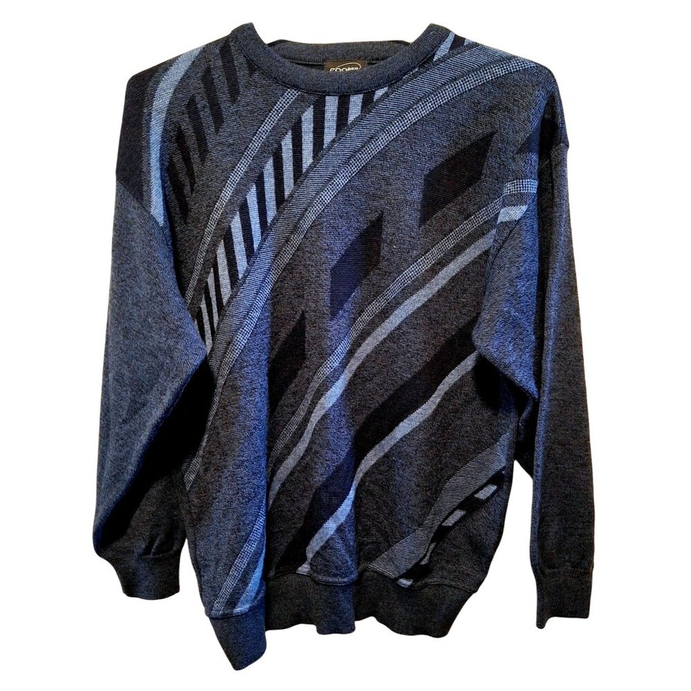 Vintage Cooper Sweater Abstract Pattern Crewneck Navy & Gray Acrylic Wool Blend
